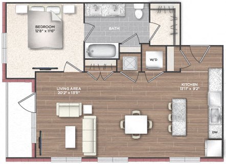 Floor plan for 1 bed, 1 bath, 844 sqft